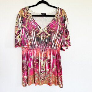 Cocomo Shirt 1X Pink Orange Paisley Tunic Top Flutter Sleeve Gems Artsy